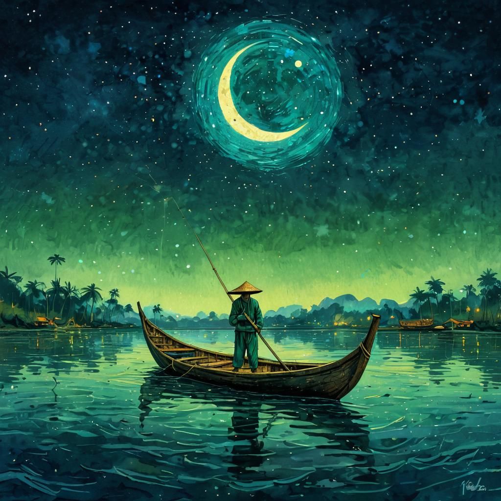 Thai Fisherman on Moonlit Waters, Digital Watercolor