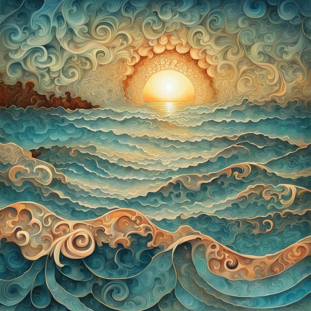 Sunset Lit Ocean Waves in Surreal Baroque Style