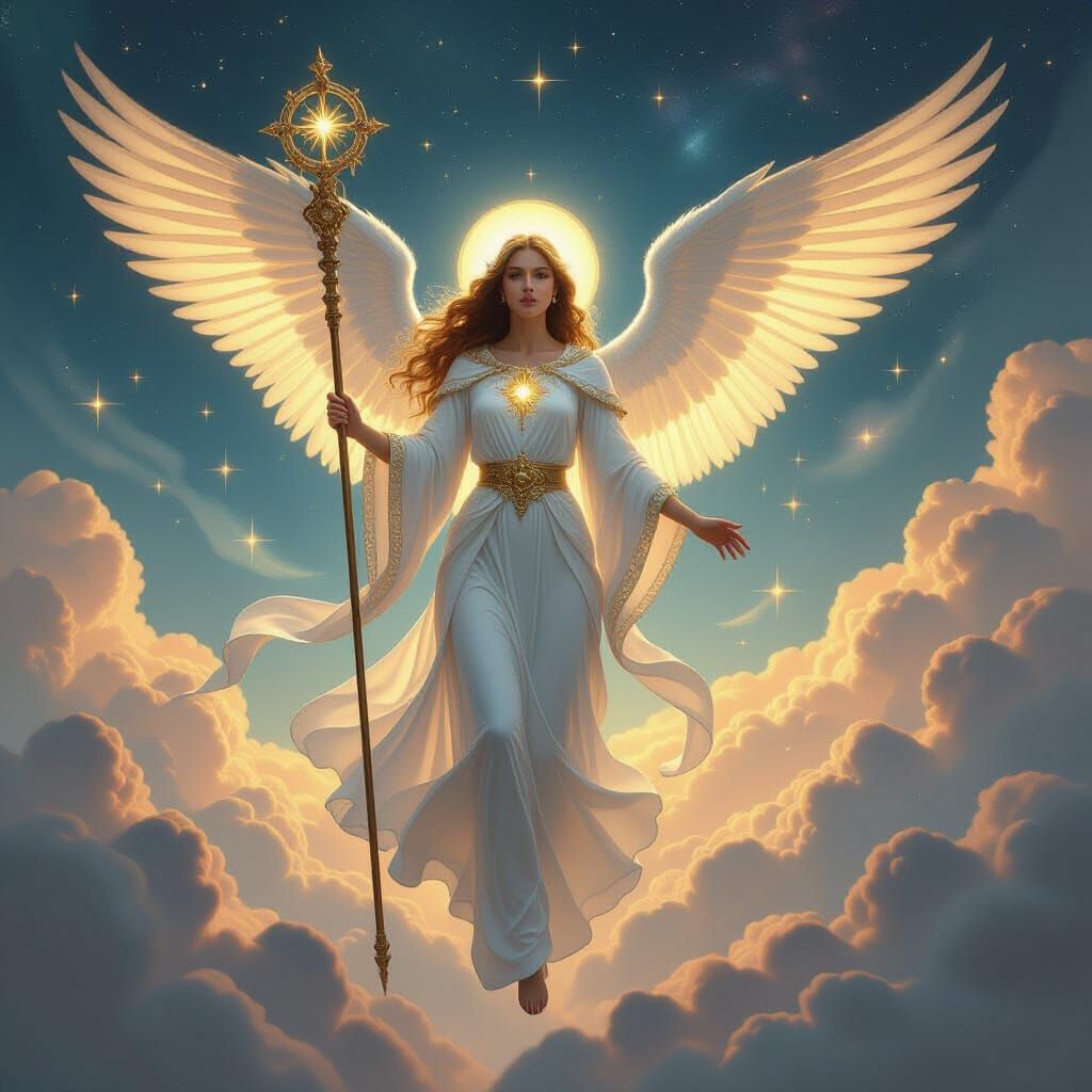 Ethereal Angel Descending from Heaven as Dramatic Painting