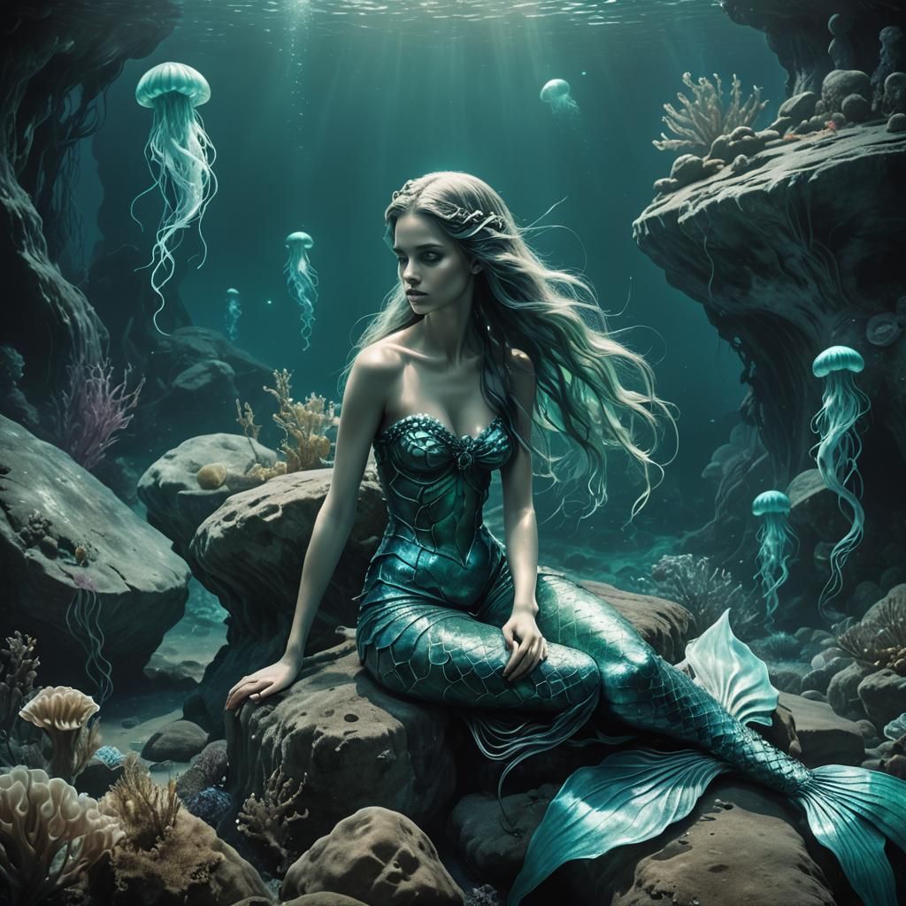Lonely Mermaid in Dreamy Underwater Scene