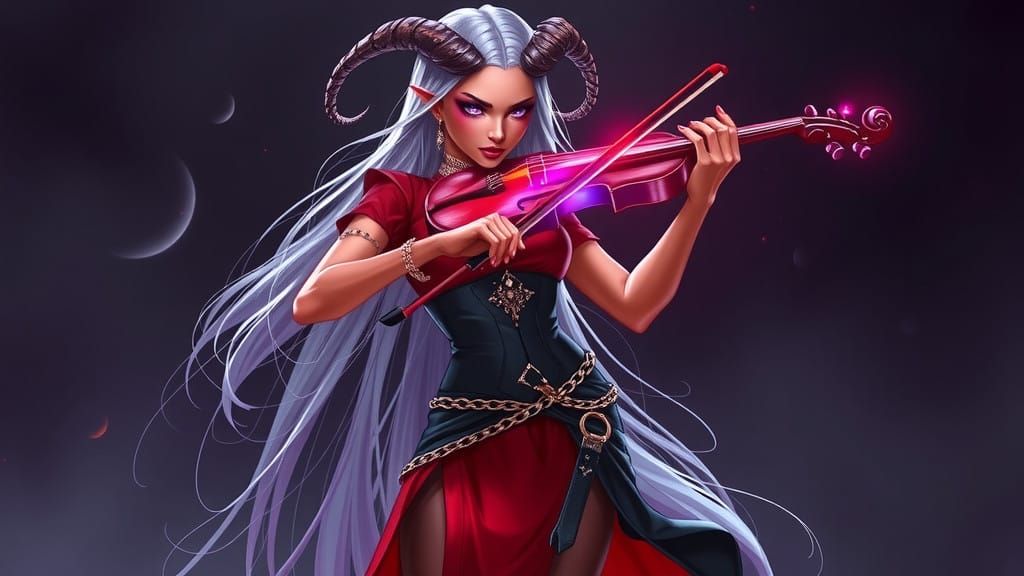 Ethereal Tiefling Bard in Crimson and Silver