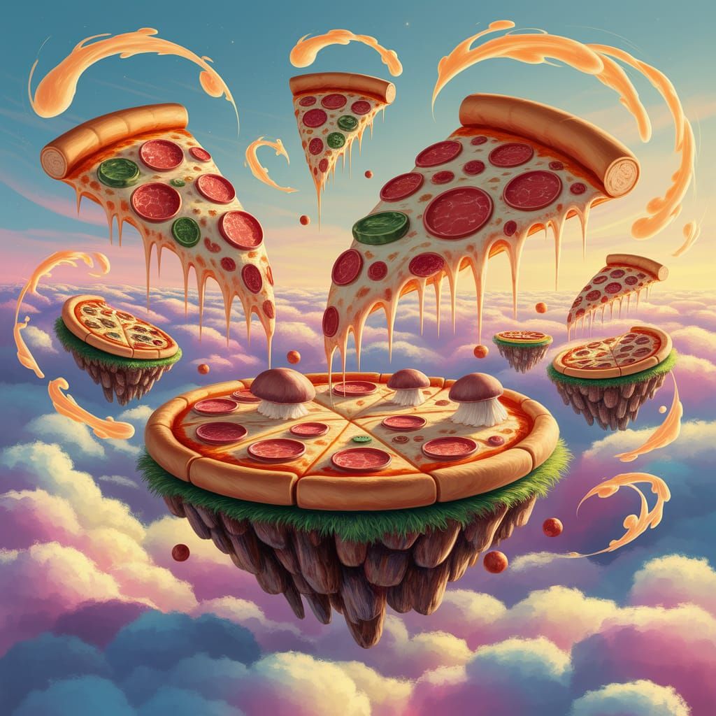 Floating Pizza Slice Islands in Enchanted Landscape
