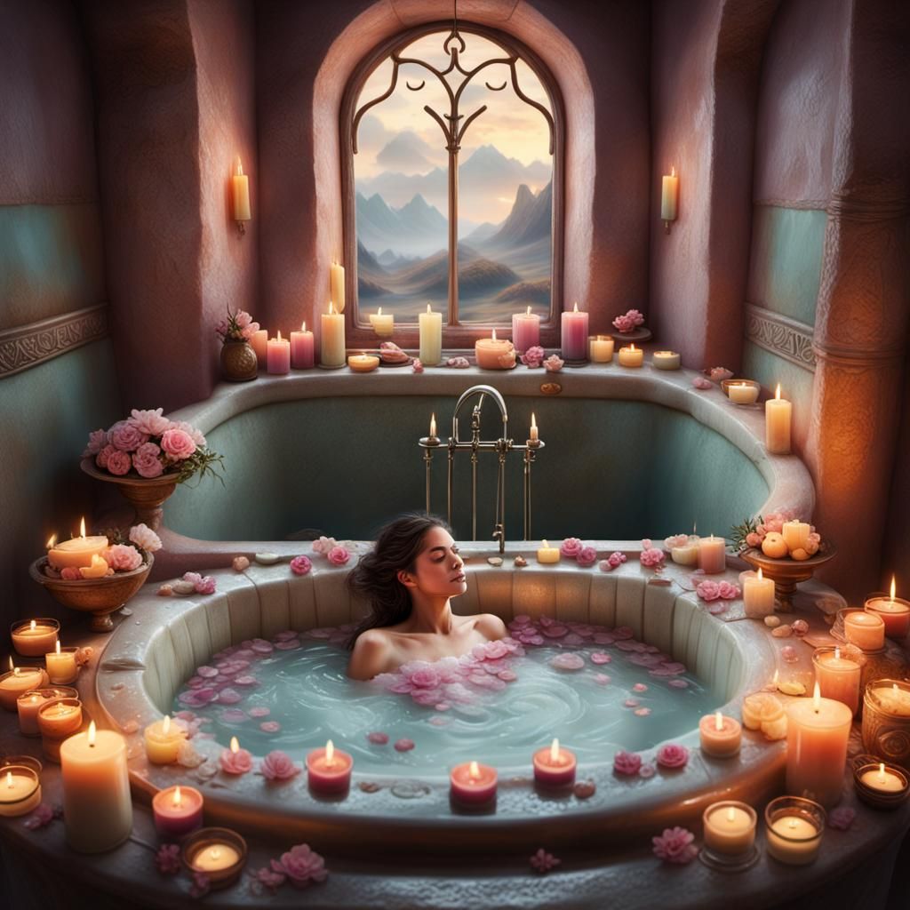 Woman in Candlelit Bath: Detailed Digital Art