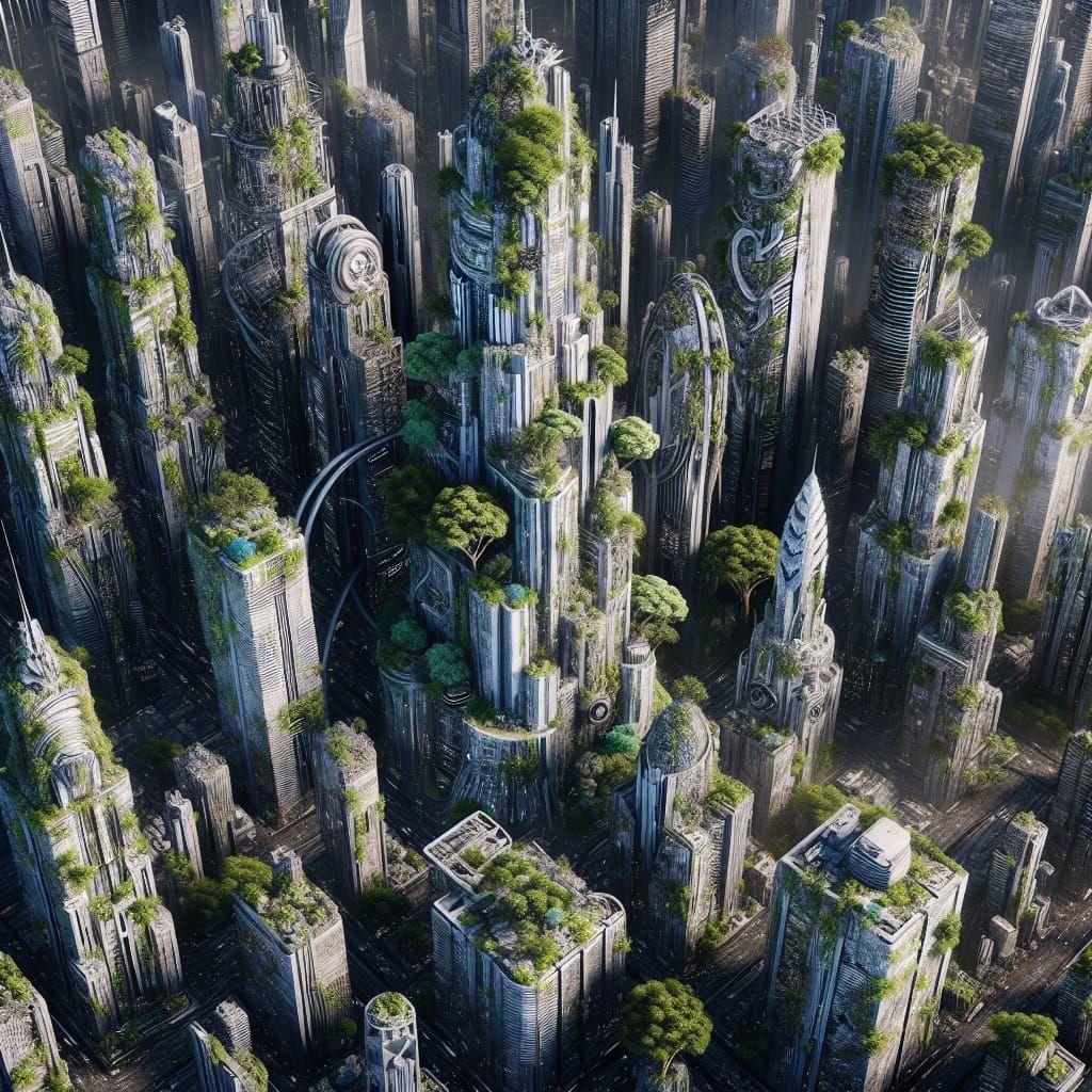 Futuristic Flora Overgrown Skyscrapers in Hyperrealistic Sty...