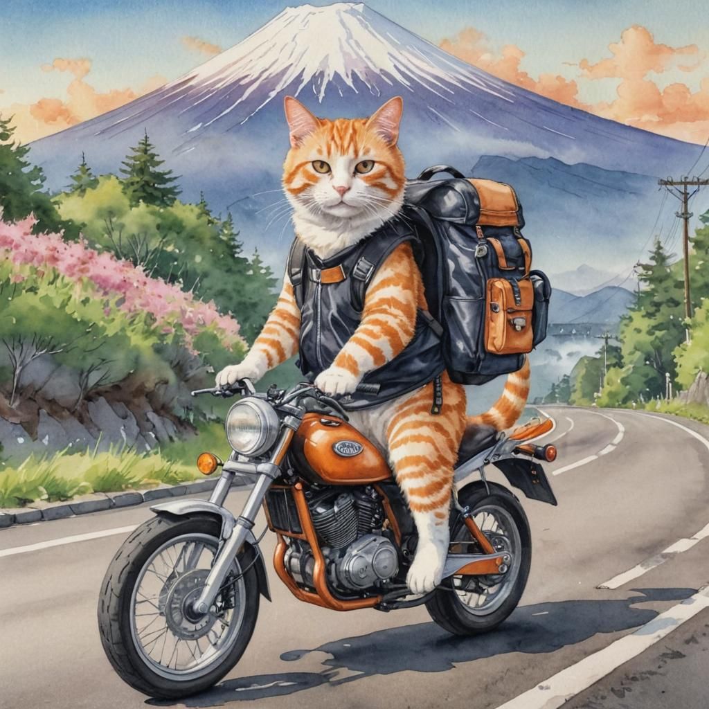 Cat Motorcyclist on Mount Fuji Road Trip as Watercolor