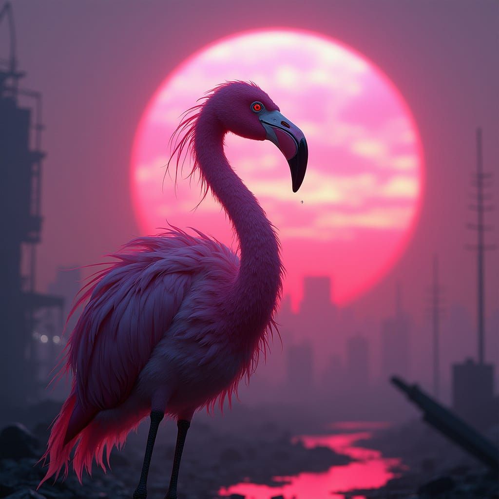 Cinematic film still. A flamingo cyborg stands on a cyber-pl...