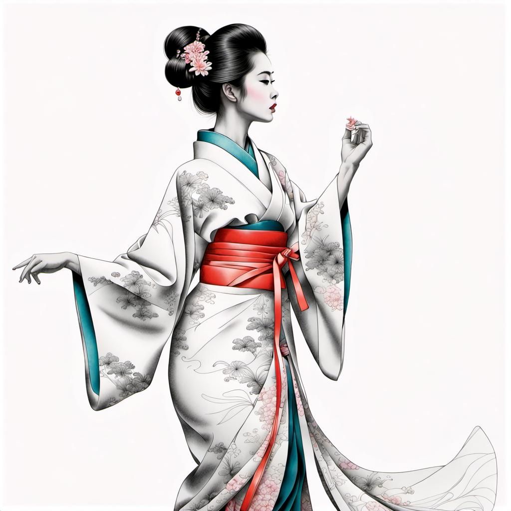 Elegant Kimono Line Drawing with Color Highlights