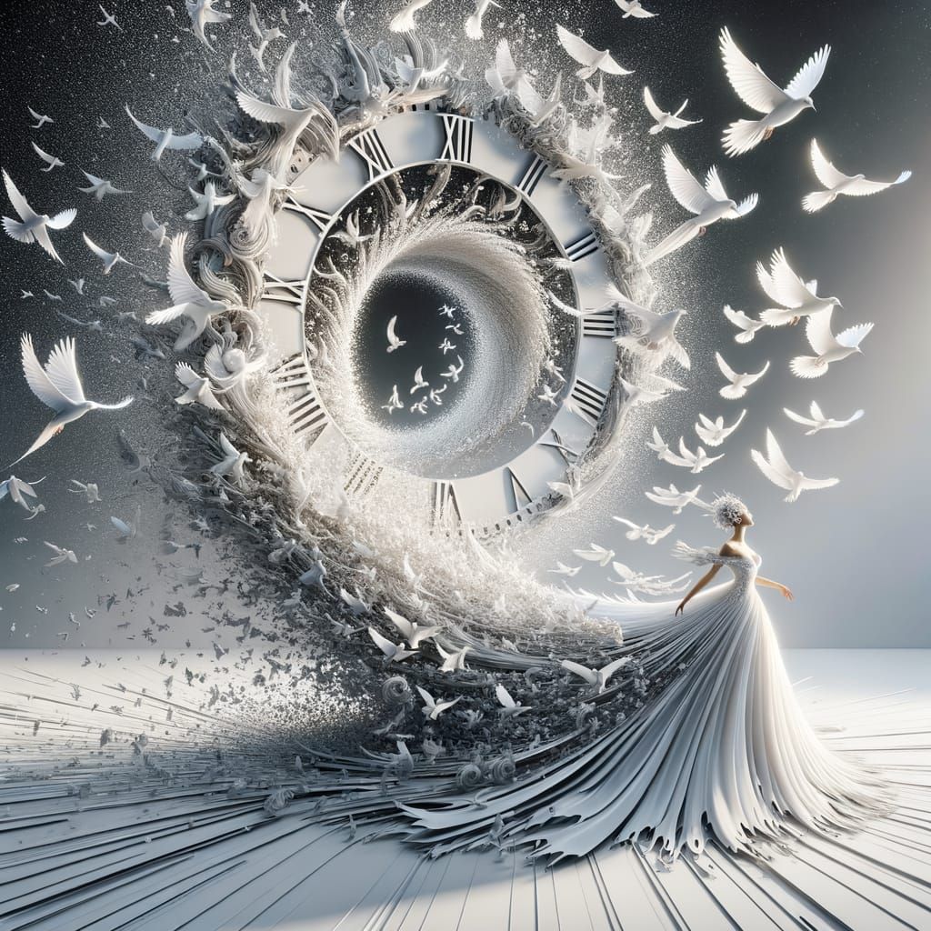 Elegant Woman Disintegrating into Light Spiral