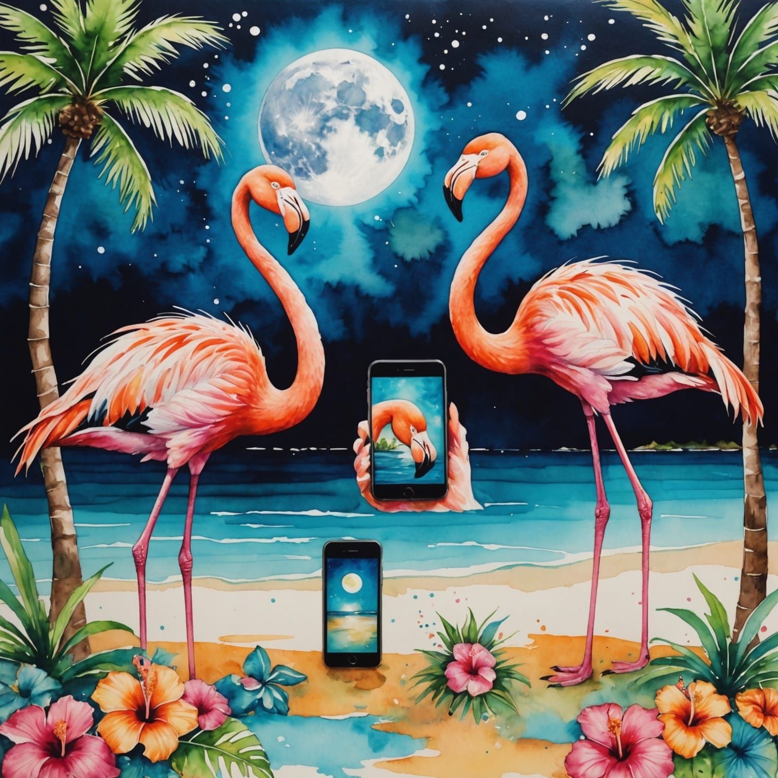 ABSTRACT EXPRESSIONISM WATER INK SPLASH ART whimsical airbrush painting of Flamingos with a Smartphone at the Caribbean ...