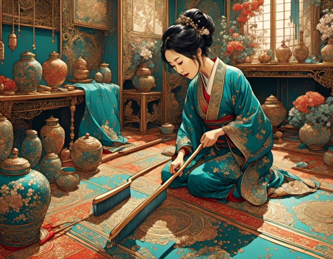 japanese woman gently brushing silk carpet