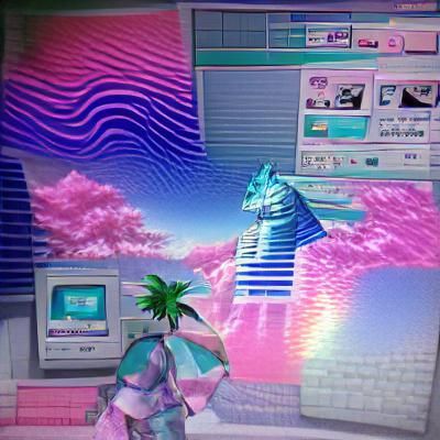 Vaporwave Scene with Neon Colors and Retro Elements