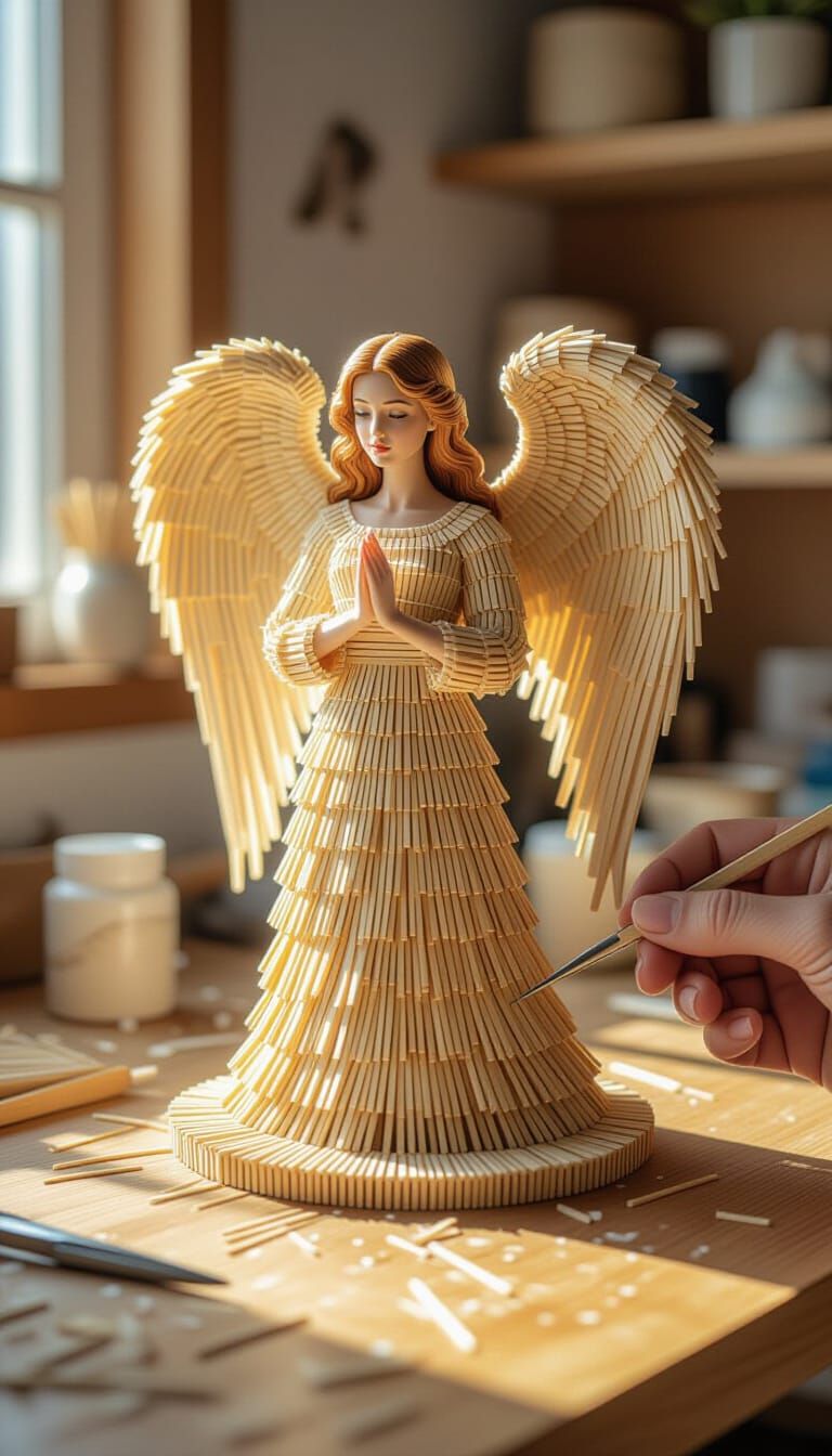 Matchstick Angel Miniature Sculpture in Photorealistic Style
