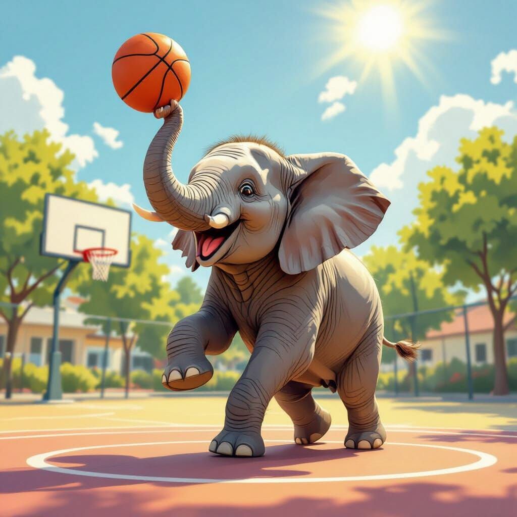 Joyful Elephant Playing Basketball in Vibrant Style