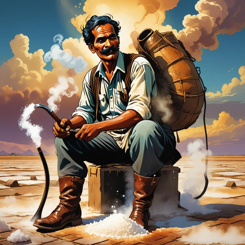 Indian Salt Farmer Harvesting Salt: Comic Book Art