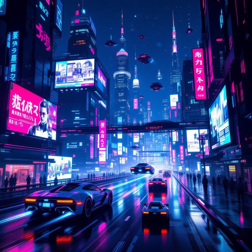 Futuristic Cyberpunk Cityscape at Night with Neon Lights