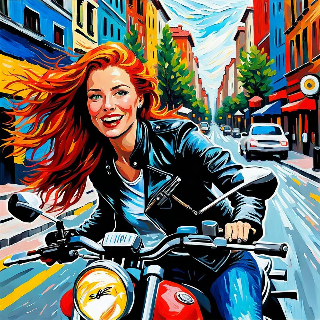 Redhead Girl Motorcycle Ride in Impasto Style