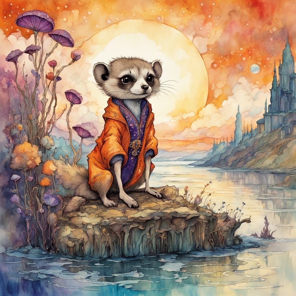 Fairy Riding Meerkat in Watercolor Storybook Style