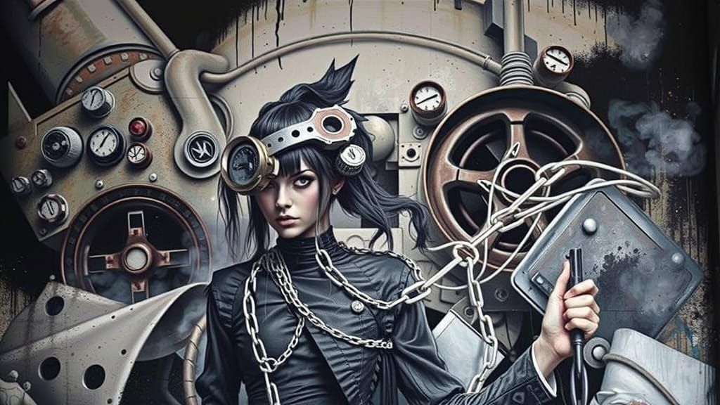 Cyber Goth Model Against Street Art Mural