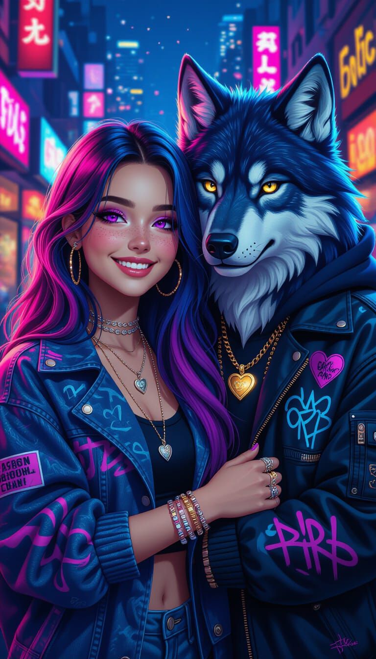 Woman and Wolf Embrace in Neon Street Art Style