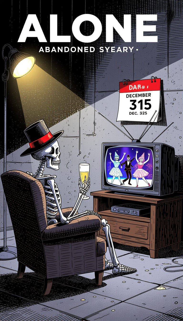 Skeleton Watches New Year's Dance Party on TV in Comic Story...