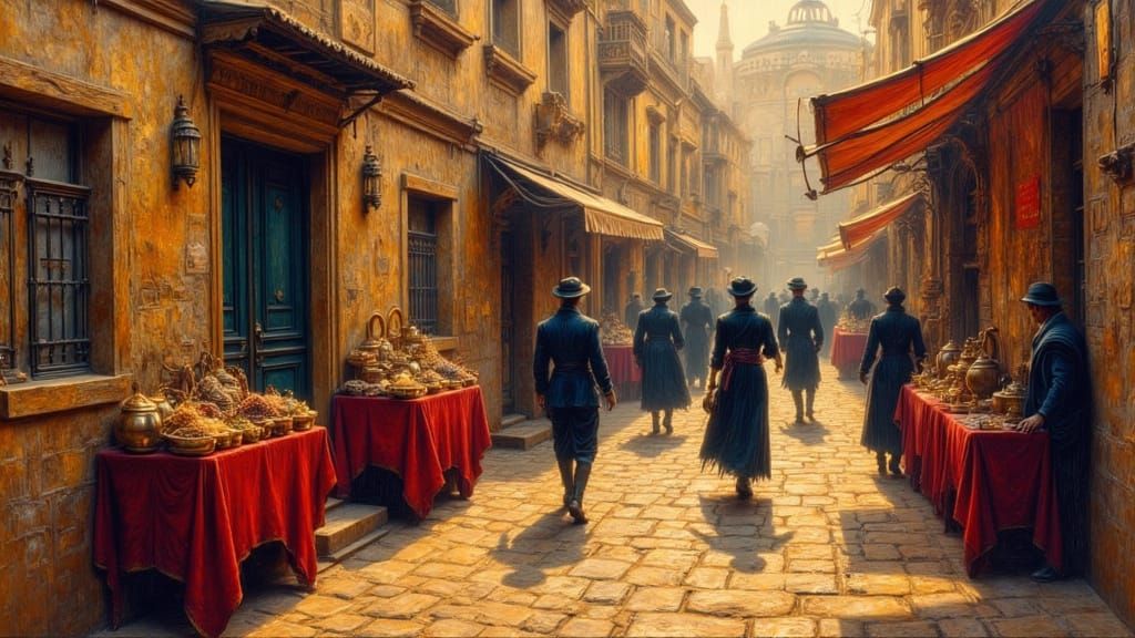 Egyptian Alleyway in Impressionist Style with Gold Paint
