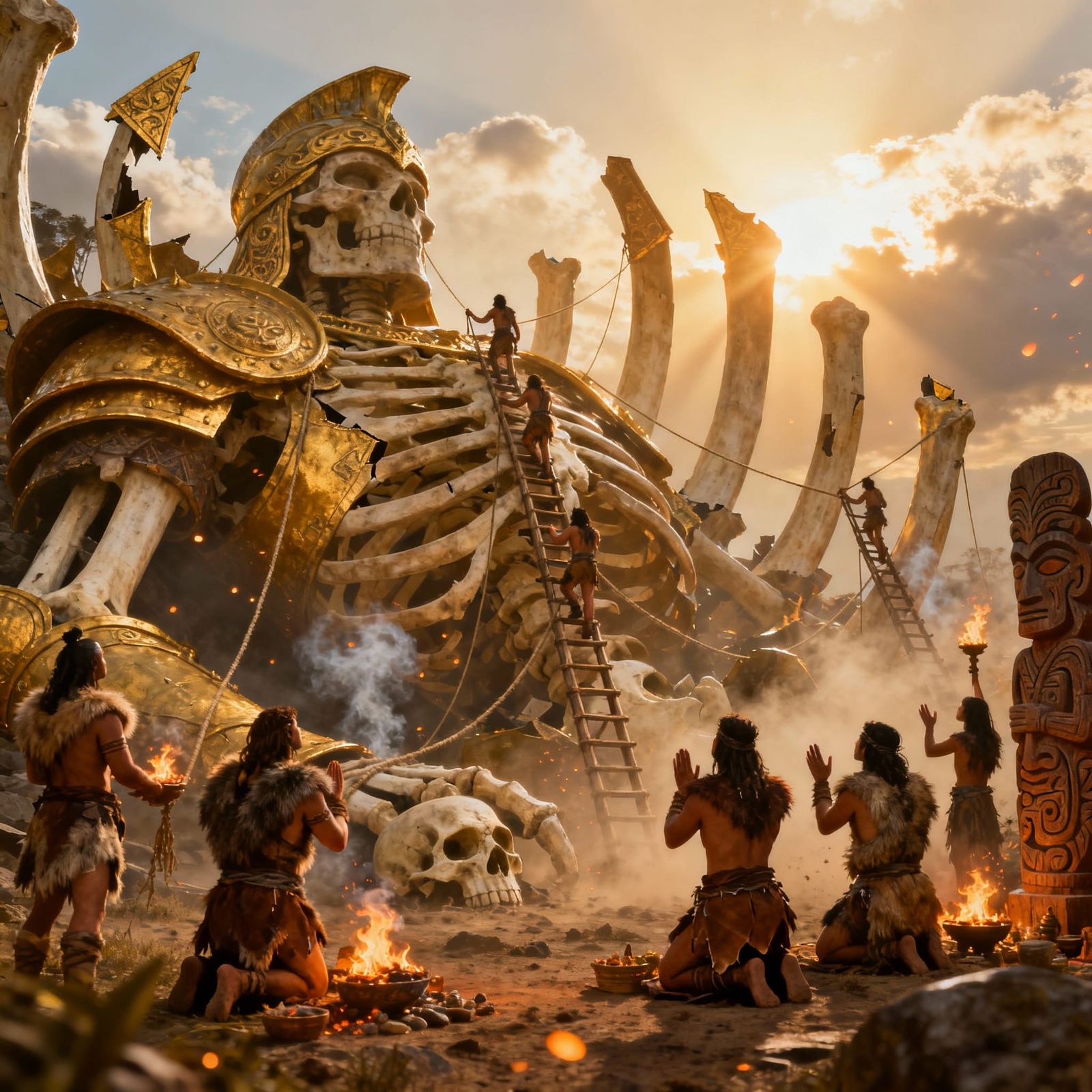 Prehistoric Tribe Worships Giant Warrior Skeleton at Sunrise