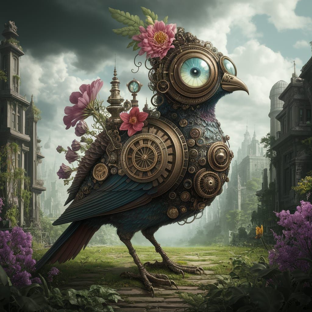 Steampunk Bird with Mechanical Wings in Futuristic Cityscape