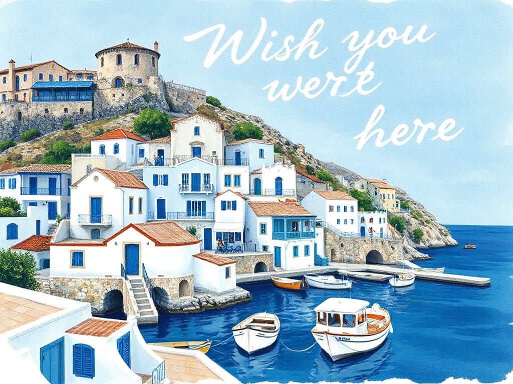 Blue and White Greek Village Postcard with Harbour Scene