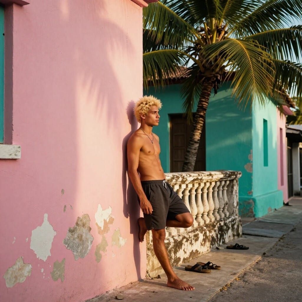 Man in Tropical Alley with Pastel Walls