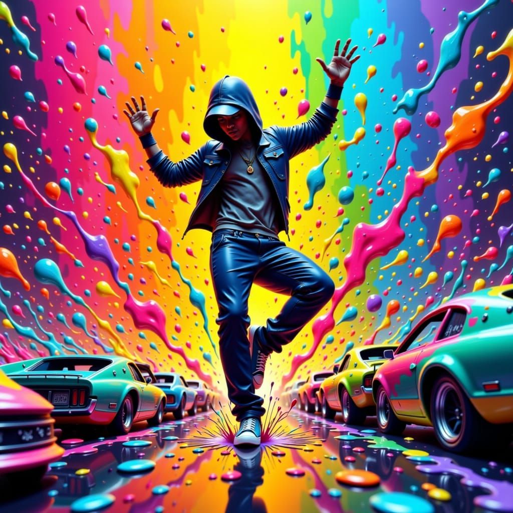 Dynamic Dance with Hotwheels in Neon Splatter Style