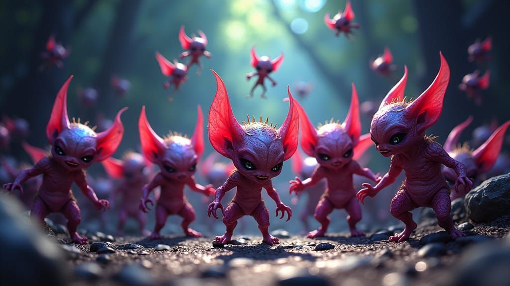 Mischievous Imps with Iridescent Skin Emerge from Shadows