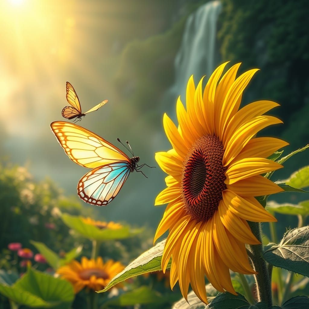 Iridescent Butterfly and Diamond Sunflower in Sunlight