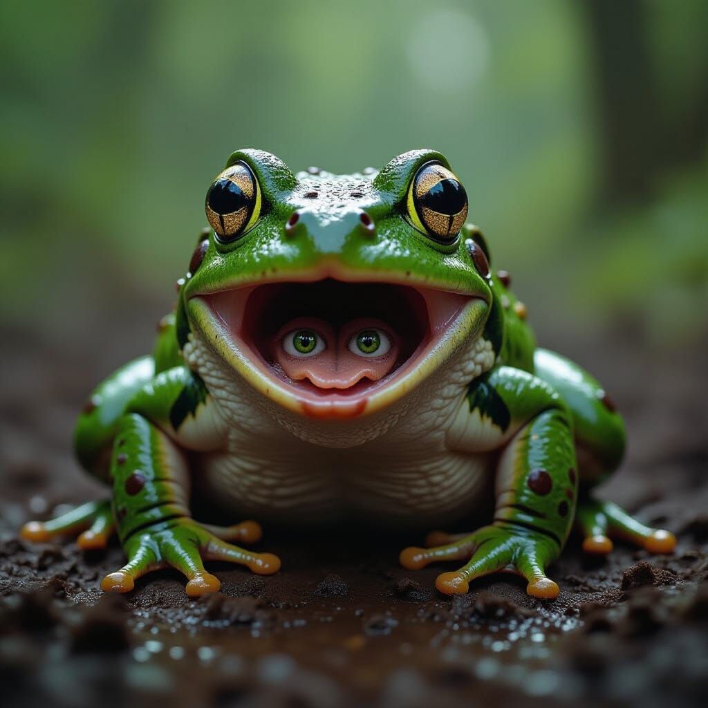 Surreal Frog with Human Eyes in Cinematic Horror Style