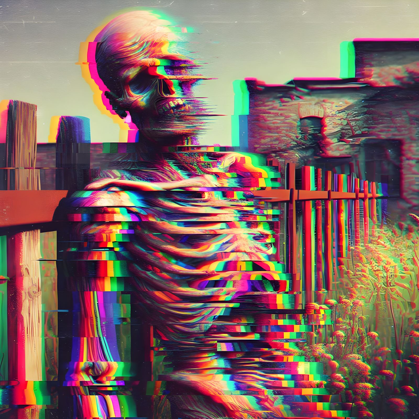 Deformed Figure in Junkyard with Color Glitch Effects