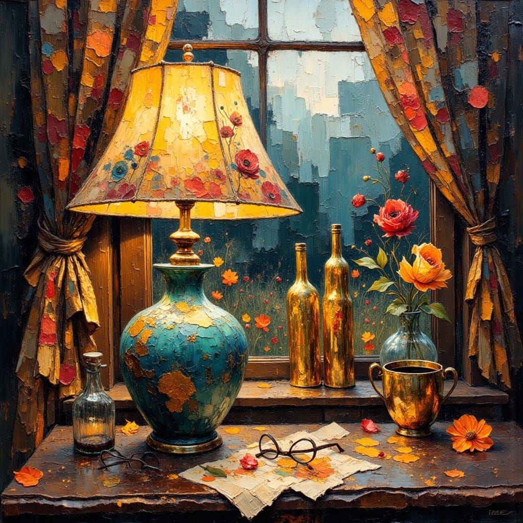 Impasto Oil Painting of Worn Ceramic Lamp in English Garden