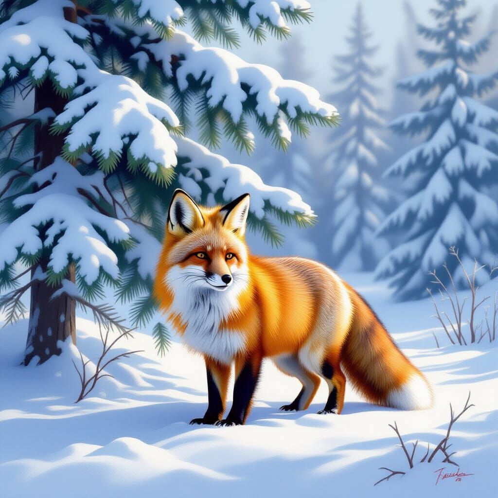 Red Fox in Winter Landscape, Painterly Style