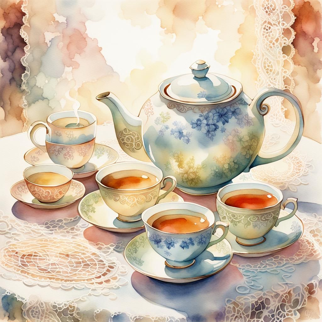 Whimsical Watercolor Tea Set with Lace Tablecloth