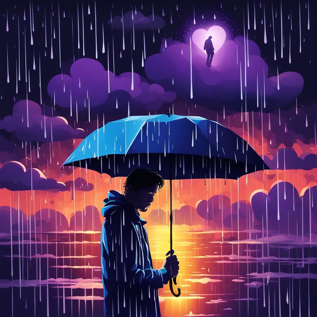 Lonely Man with Broken Heart in Rainy Night Sky