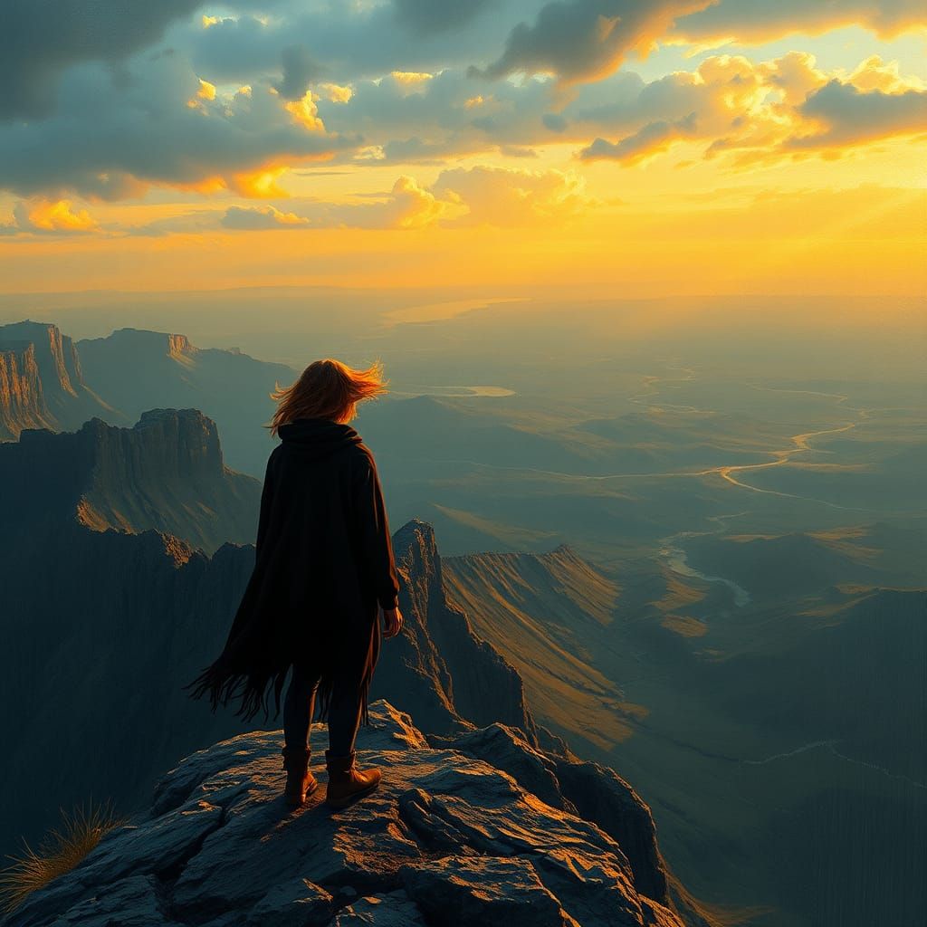 Mysterious Figure Overlooking Ominous Landscape