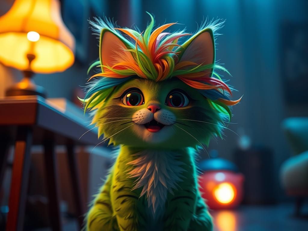 Cartoon Cat with Green Wig in Cinematic Lighting