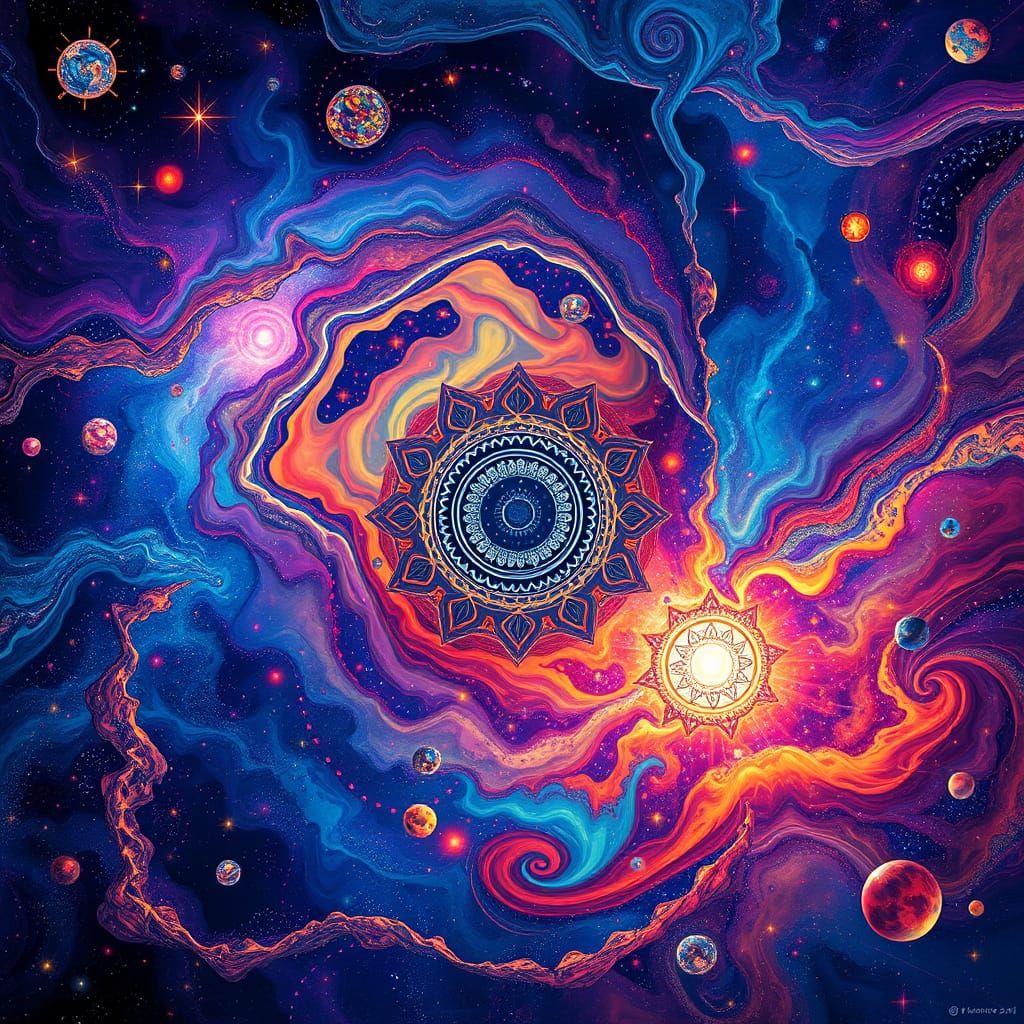 Cosmic Dreamscape of Swirling Galaxies and Nebulas