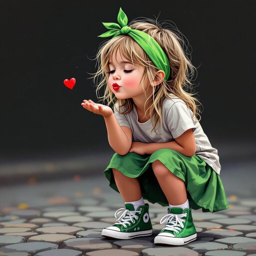 Child Blowing a Kiss in Whimsical Storybook Style