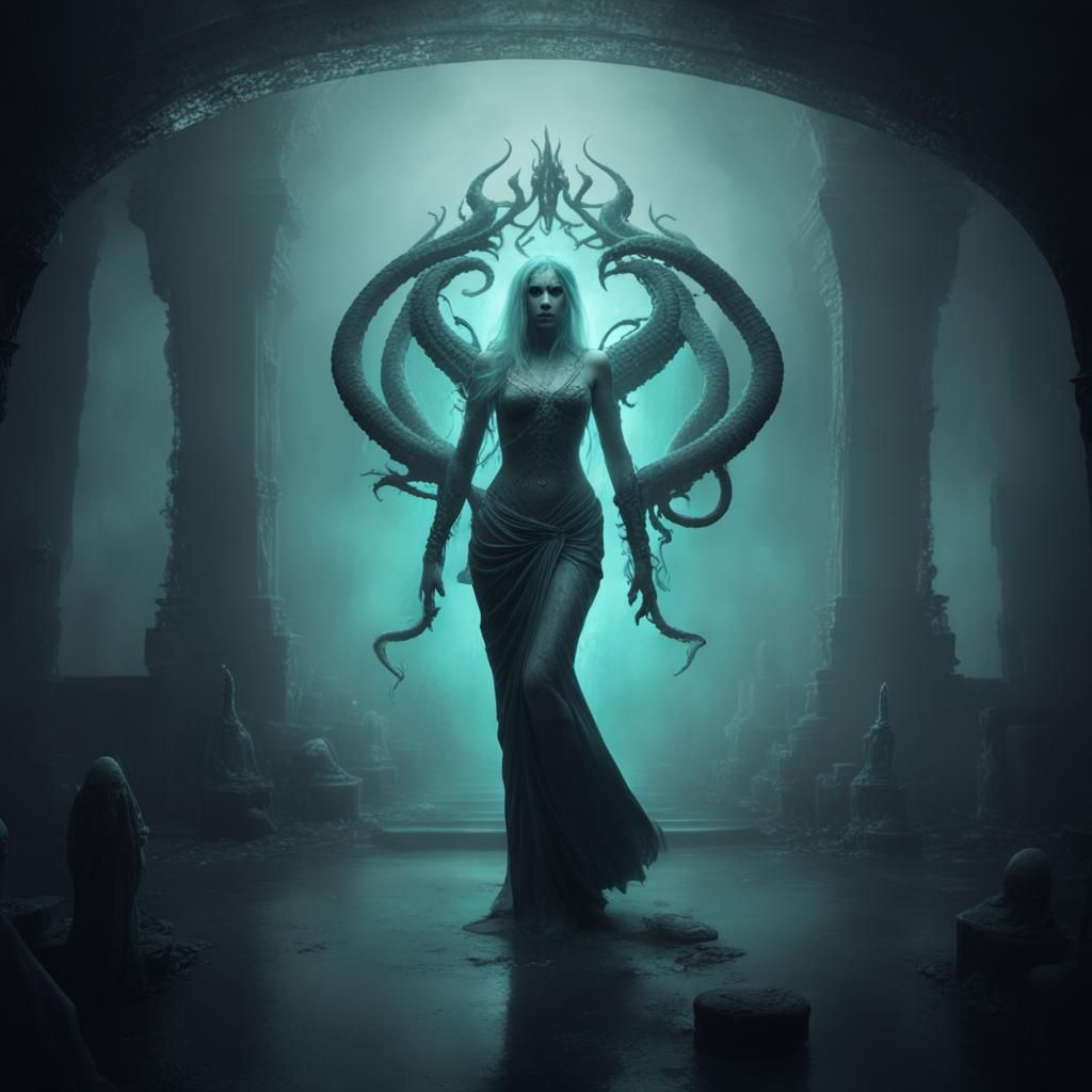 Eldritch Goddess at Temple Entrance: Lovecraftian Horror