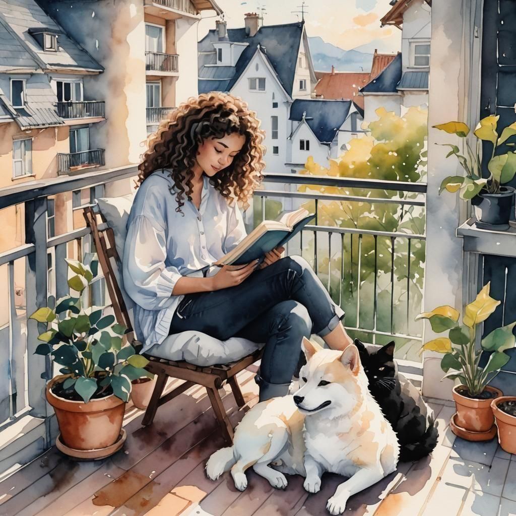 Girl Reading with Cat and Dog in Watercolor