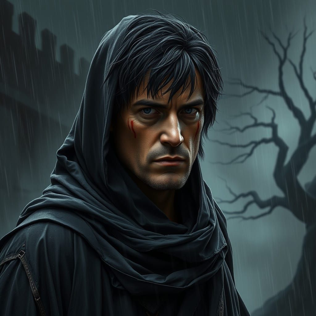 Dark Fantasy Warrior, Tattered in the Rain, with Blood on Hi...