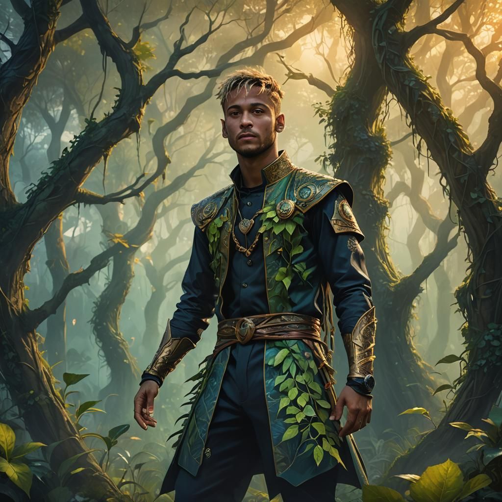 Neymar in Mystical Forest: Fantastical Oil Painting