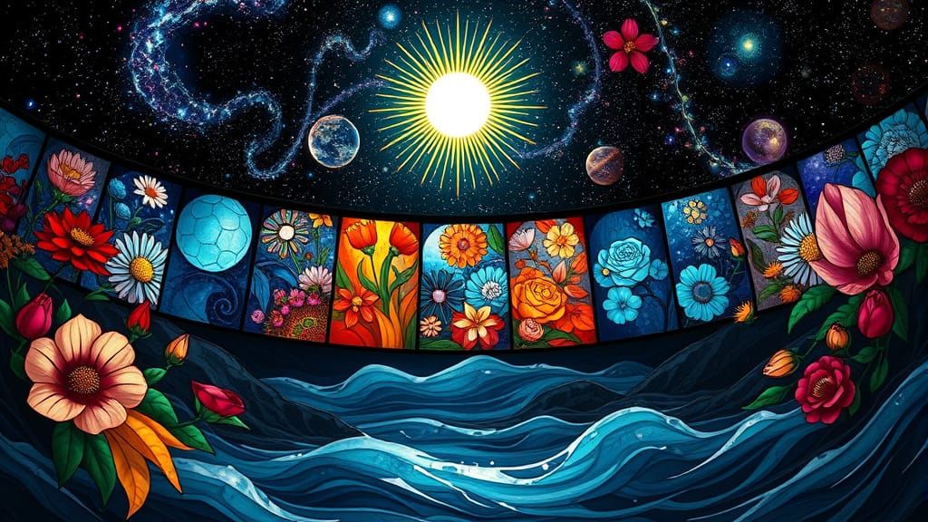 Cosmic Stained Glass Universe in Art Nouveau Style