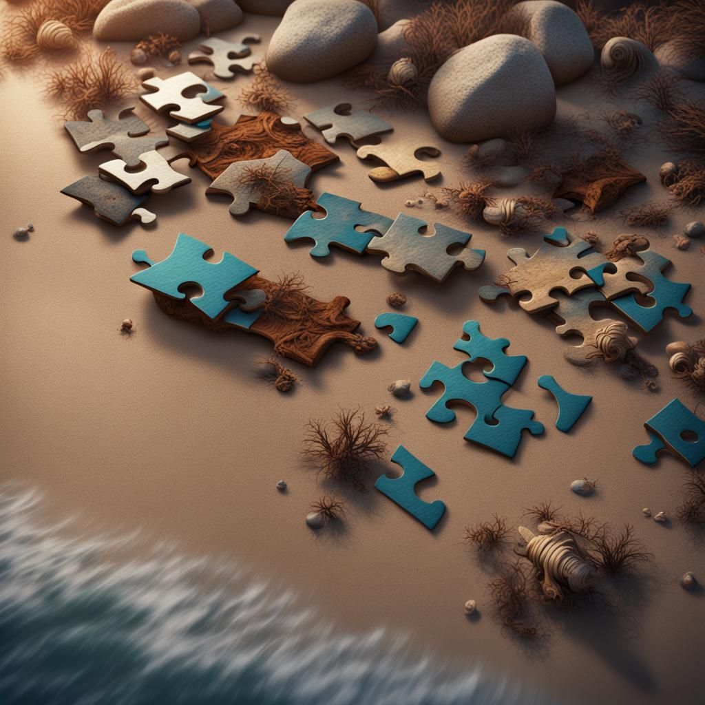Puzzle Pieces on Beach: Detailed Matte Painting