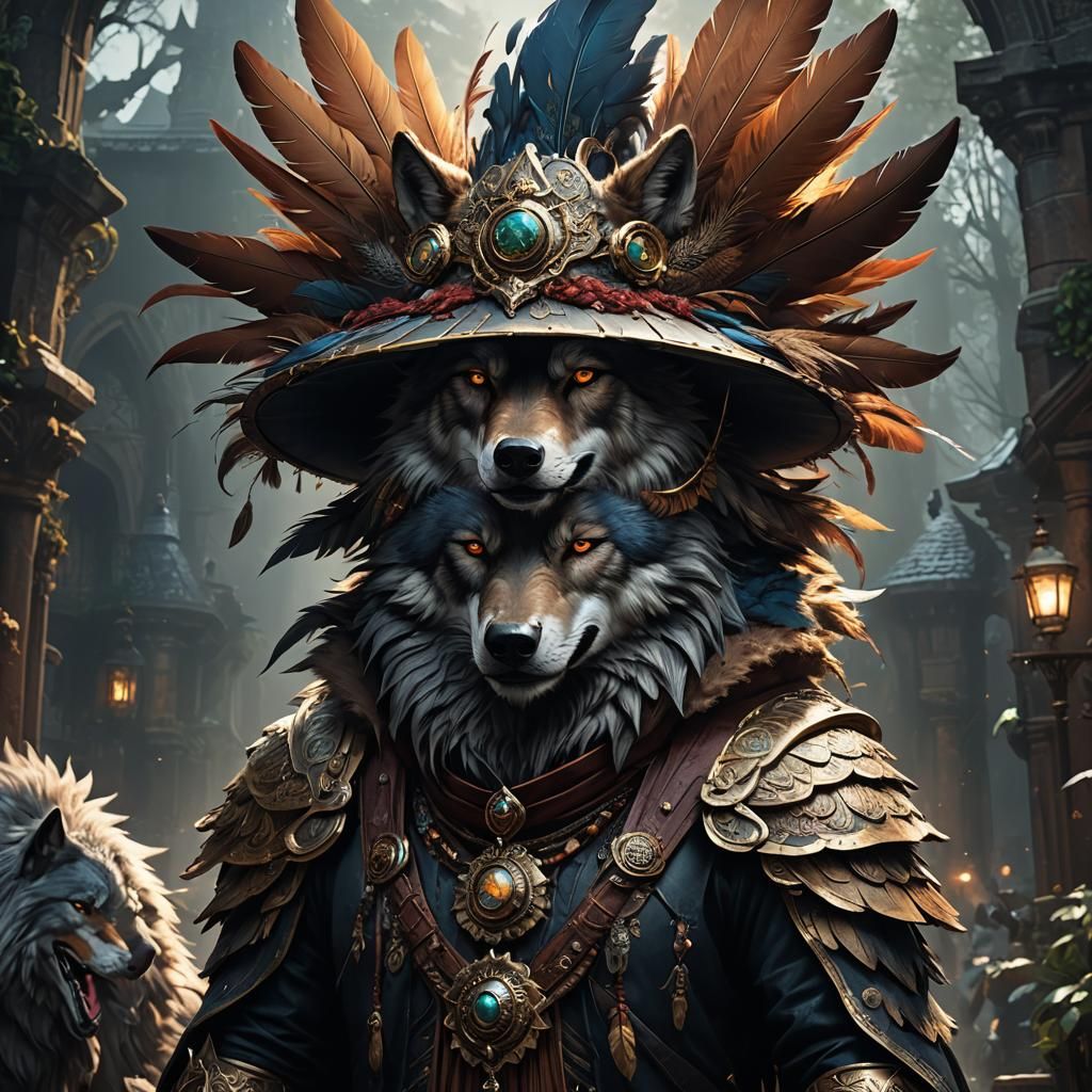 Wolf in Feathered Hat: Dark Fantasy Art