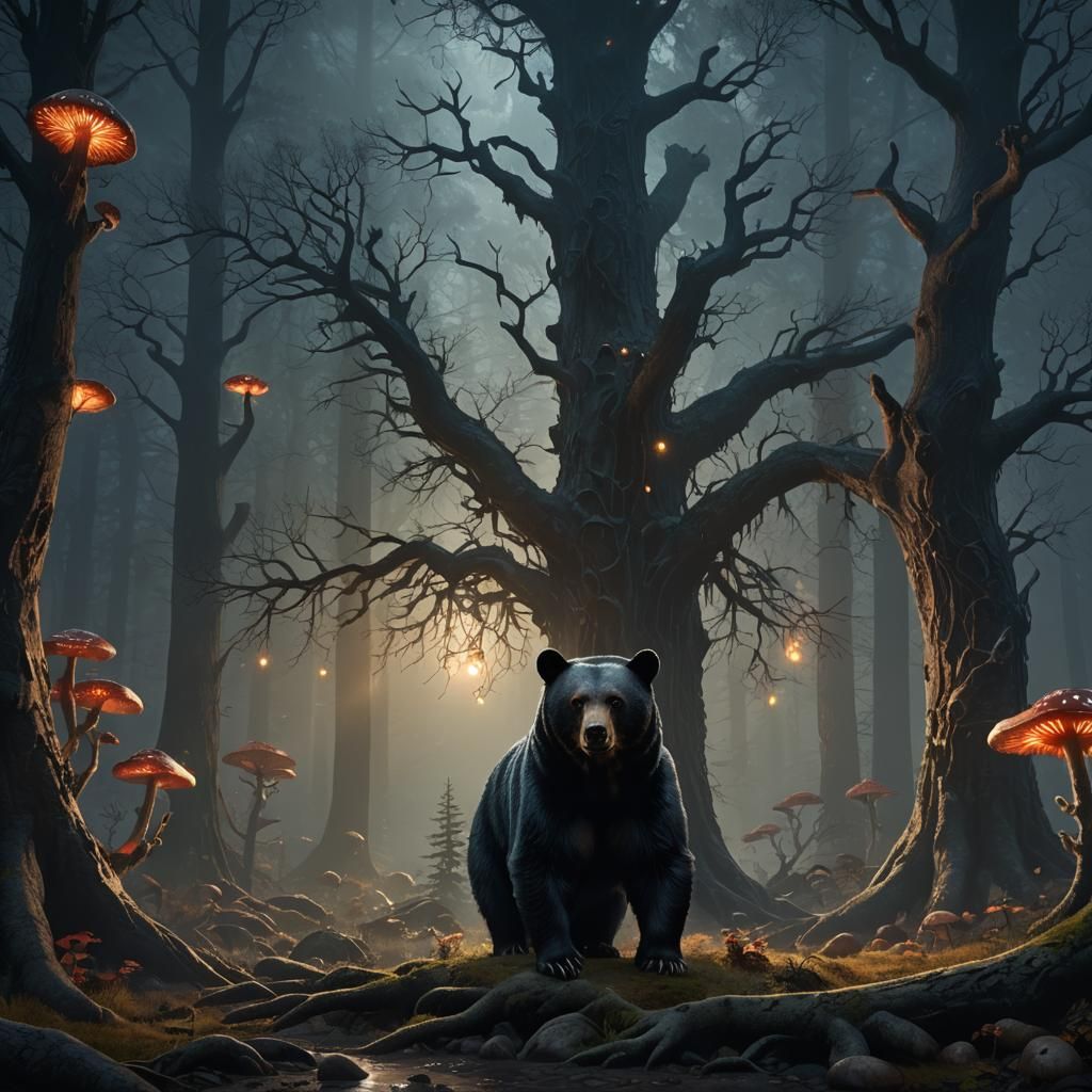 Majestic Black Bear in Moonlit Fantasy Forest